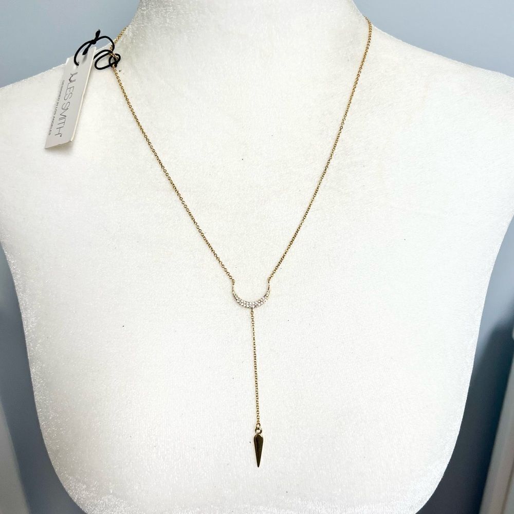 New Jules Smith Gold Rhinestone Studded Crescent Moon Dagger Dangle Necklace